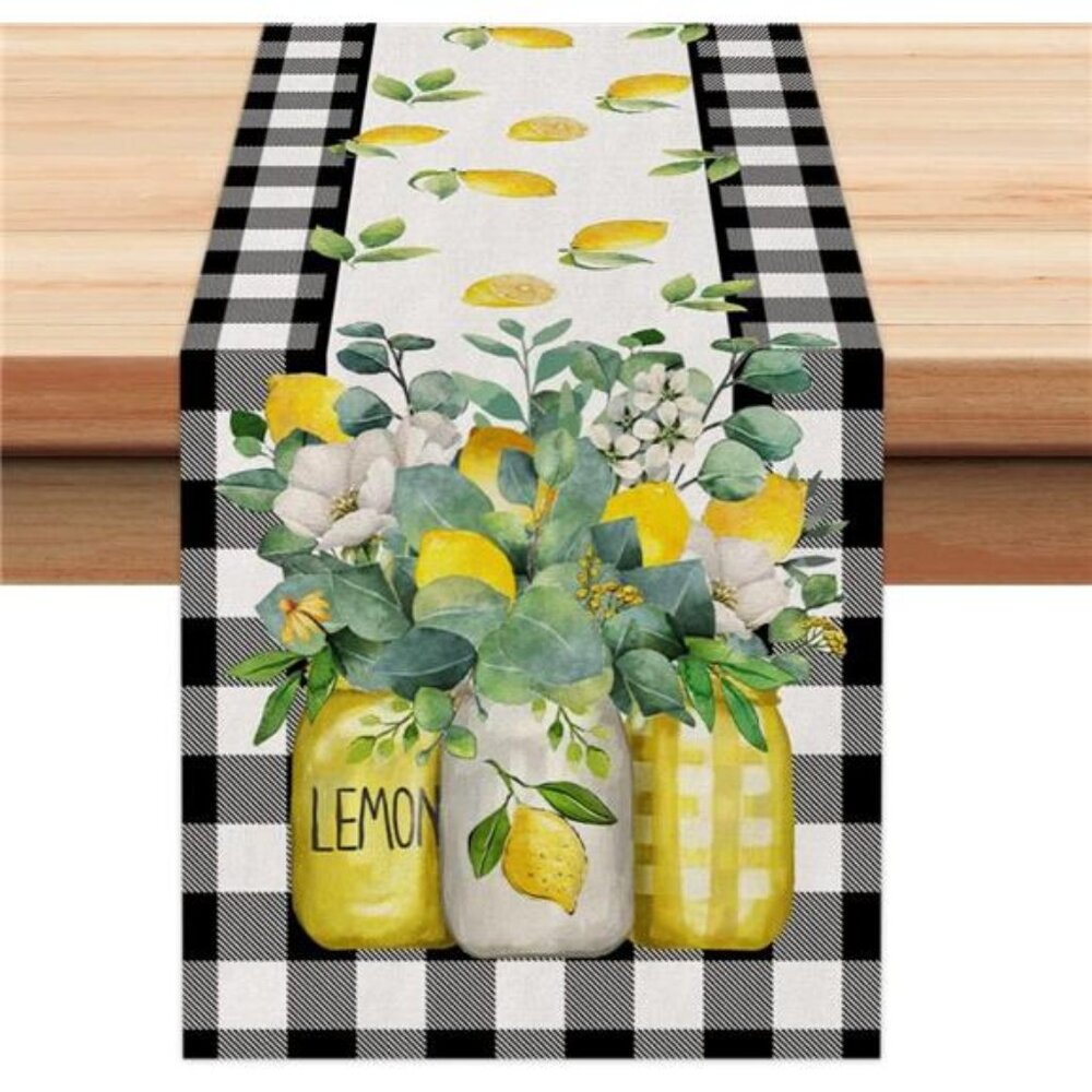 Black Buffalo Check Summer Table Runner 72” w/ Lemon Vase-Rustic Farmhouse Deco
